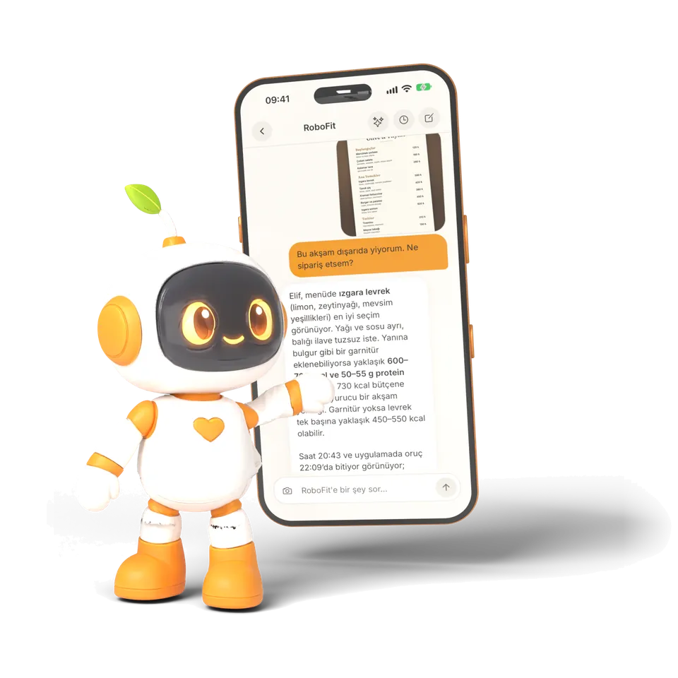 RoboFit, restoran menüsünden ne sipariş edileceğine dair bir sohbeti gösteren telefonun yanında